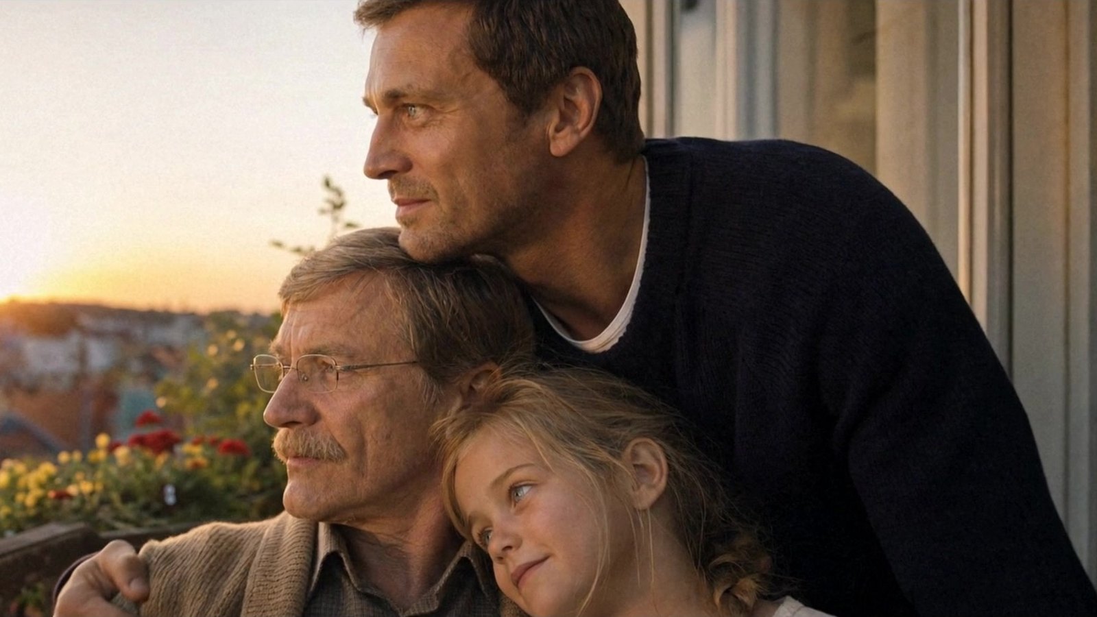 Szene aus dem Q96-Film „Der Vater“: Großvater, Vater und Tochter auf dem Balkon im Abendlicht